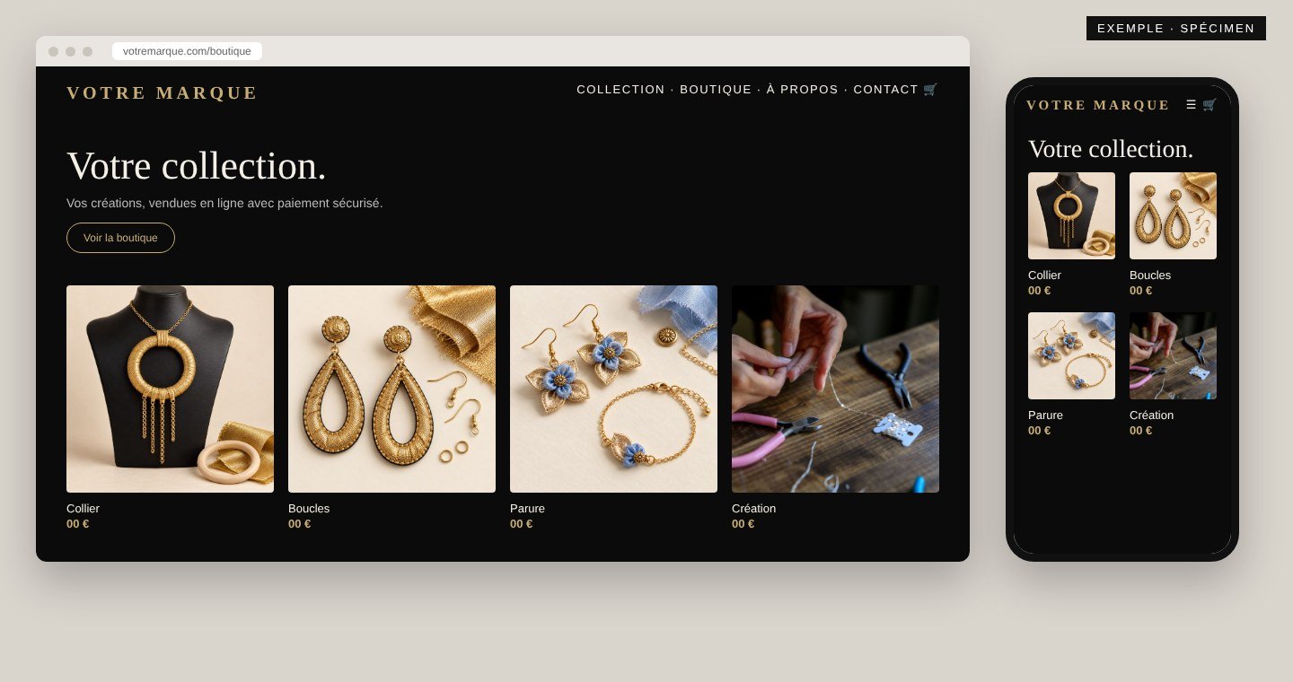 Exemple fictif de Site boutique sur ordinateur et téléphone.